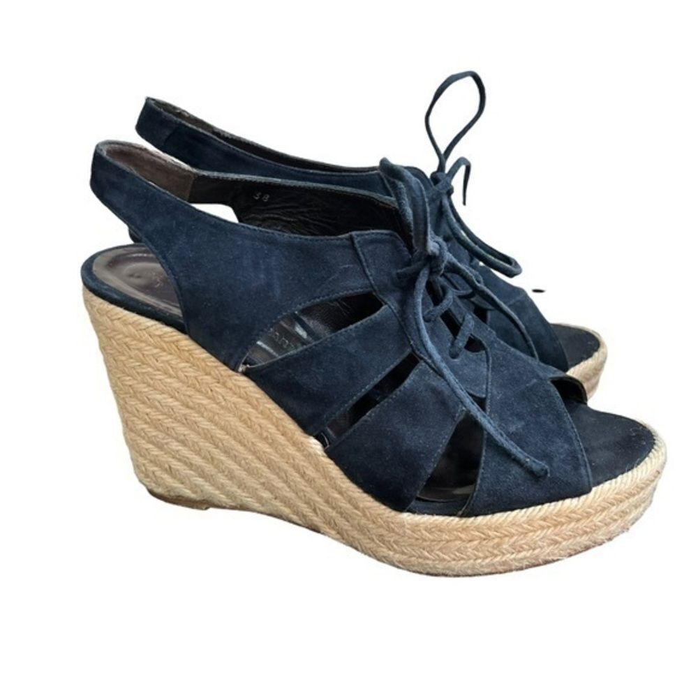 TILA MARCH PARIS Navy ESPADRILLE SUEDE SLINGBACK WEDGE HEELS size 38/7.5